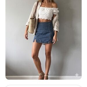Blue Denim Mini Skirt with Front Slits